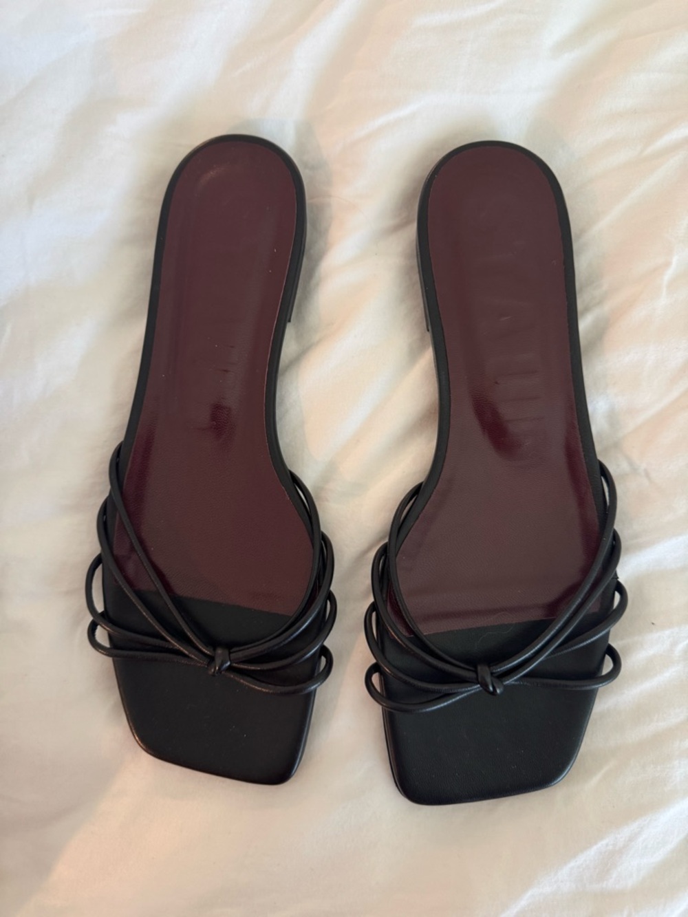 STAUD Black Strappy Slide Sandals with Burgundy Footbed
